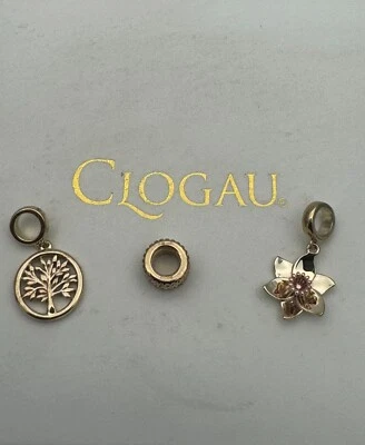 3 x Berloques de contas galeses Clogau 9 quilates ouro amarelo e rosa marcos - Imagem 1 de 4