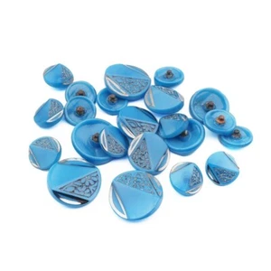 Lotto 22 bottoni vintage anni '20 cechi geometrici floreali vetro blu lucentezza argento - Foto 1 di 3