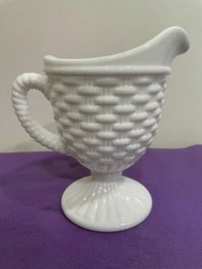 Vintage Imperial White Milk Glass Basket Weave Footed Creamer Pitcher - Picture 1 of 12