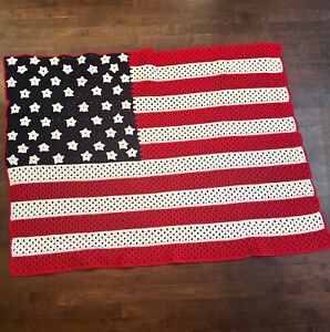 Handmade Crochet  Granny Throw Afghan Flag Red / White / Blue July 4th 51”x38”