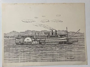 CINCINNATI OH - 1963 CONEY ISLAND STEAMBOAT - ISLAND QUEEN Zeichnung 9” X 12” - Bild 1 von 3