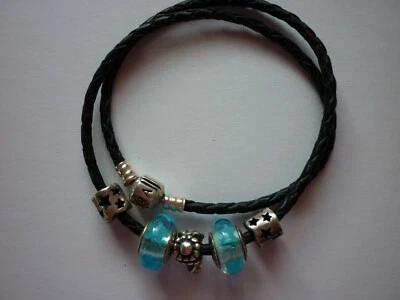 Pandora Armband Collier Halskette schwarz mit 5 Charms Muranoglas türkis wie neu - Bild 1 von 4