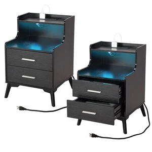 Nightstand Set of 2 with LED Lights & Charging Station 2 Drawer Bedside Table - Picture 1 of 9