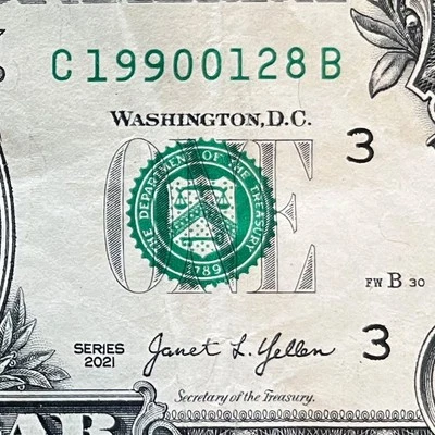 January 28, 1990 (19900128) One Dollar Fancy Serial Number Birthday Note - Image 1 of 3