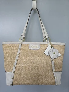 COACH F21959 Alexandra Python Purse Straw Tote Studded Handbag Natural Parchment - Picture 1 of 20