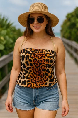 Vince Camuto Women's Size XS Brown Animal Print Chain Strap Tankini Swim Top - Image 1 of 4