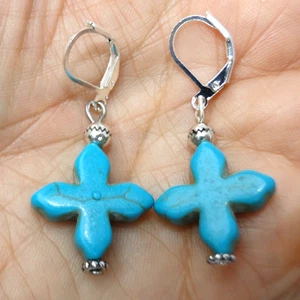 Altered Brighton Loretto Silber Perle & Türkis Kreuz auf Hebel Rückseite Ohrring - Bild 1 von 2