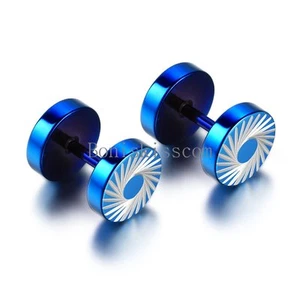 Men's Stainless Steel White Tornado Pattern Dumbbell Ear Blue Stud Earrings - Picture 1 of 4