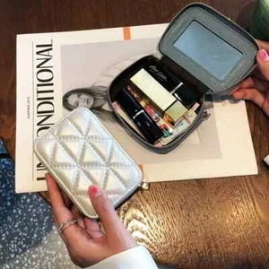 Genuine Leather Portable Lipstick Cosmetic Bag With Mirror Mini Makeup Bag Case - Picture 1 of 3