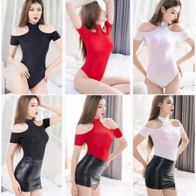 Women Short Sleeve Bodysuit Leotard Tops Shiny Faux Leather Side Slit Mini Skirt - image 1 of 4