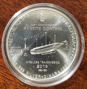 Moneda 100 Dinara Serbia 2019 transmisión inalámbrica Nikola Tesla 1 oz plata .999 - Imagen 1 de 2