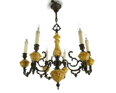 Chandelier 6 Arms Lights Ceramic Porcelain Ceramic  Brown Mid Century Italy Cover