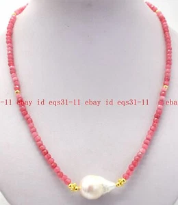 Charming 2x4mm Pink Rhodochrosite Round Gemstone Beads Baroque Pearl Necklace - Picture 1 of 4