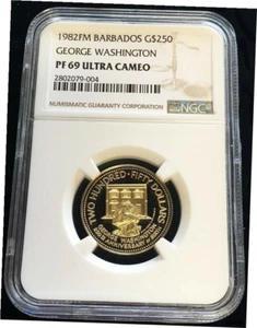 1982 FM Gold Barbados 802 Mintage $250 George Washington Coin NGC Proof PF 69 UC - Picture 1 of 2