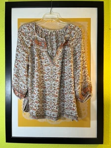 Joie Seide Boho Bluse XS Elfenbein Mehrfarbig Print Bauern Top - Bild 1 von 5