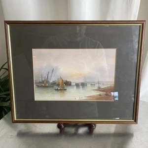 Original Signed Watercolour Painting Boat Scene 30x38cm Framed Moody Autumn - Picture 1 of 9