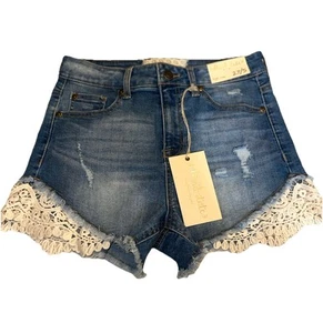Womens Mid Rise Cutoff Blue Denim Shorts Sz 27 / 5 Crochet Altar'd State - Picture 1 of 19