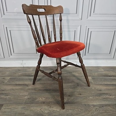 Retro Vintage Wooden Turned Pub Chair Stool Bar - Upholstered Desk Bedroom Seat - Image 1 of 4