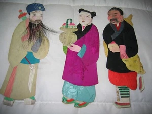 Vintage antike chinesische strukturierte Seide asiatische Papierpuppen 3er Set - Bild 1 von 4
