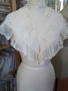 Antico grande colletto lino e volant pizzo appliques pre 1935 beige - Foto 1 di 16