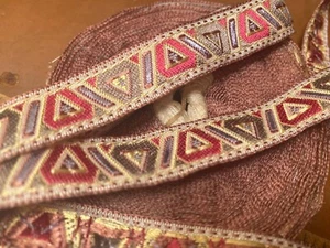 vintage jacquard silk embroidered 5/8" sage pink multi 1yd made France - Picture 1 of 4