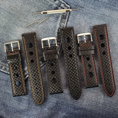 Carbon Fibre Pattern Leather Watch Band | Perforated Rally Strap 18/20/22/24mm   Foto 1 de 4
