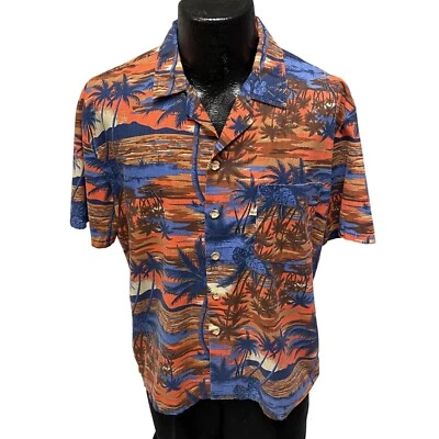 Vtg 80's Tony Orange Blue HAWAIIAN Tropical Surfer Beach SUNSET Rayon Shirt M - Image 1 of 4