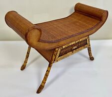 Chinoiserie Inspired Tortoise Bamboo and Rattan Bench w/ Scrolling Seat