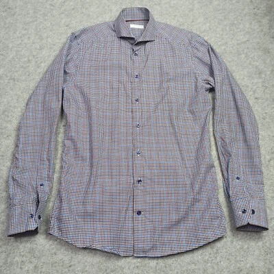 Eton Uomo Shirt 15.5 39 Slim Blu Marrone a Bottoni Quadri Plaid Cutaway 15 1/2 - Immagine 1 di 4