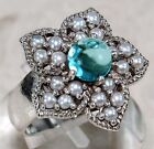 1CT Natural Aquamarine & Pearl 925 Sterling Silver Victorian Style Ring Sz 8 FD3