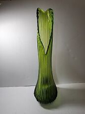 Vintage LE Smith Large Green Ribbed Swung Glass Stretch Vase MCM 18 1/2”