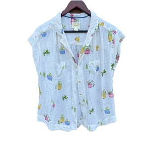 MAEVE ANTHROPOLOGIE Top Short Sleeve Button Up Succulent Print Large - Picture 1 of 9