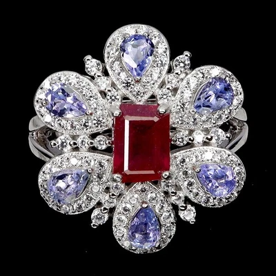 925 Sterling Silver Ring Octagon Ruby 7x5mm Tanzanite Gemstone Jewelry Size 7.5 - Image 1 of 4