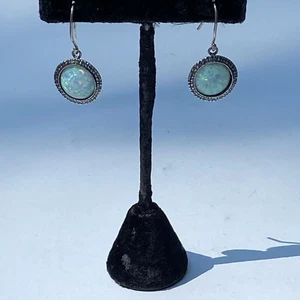 SIGNED 925 ISRAEL CABOCHON FIREY OPAL GEM DROP DANGLE ROUND PIERCED EARRINGS  - Picture 1 of 16