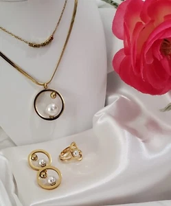 Vintage 18K Gold Plated Blade Chain Ring & Pearl Necklace Jewelry Set- Elegant - Picture 1 of 4