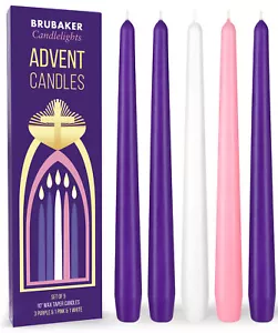 BRUBAKER 10" Taper Christmas Advent Candles (Set of 5), Purple/Pink/White - Picture 1 of 6