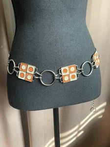 Vtg 1980'S CONCHO BELT 28”-42" SILVER AND ORANGE ENAMEL - Picture 1 of 8