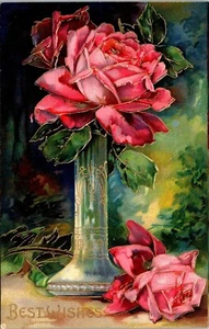 Pink Roses  Art Nouveau Vase Best Wishes Gel Embossed Postcard  - Picture 1 of 2