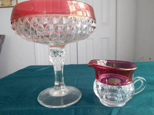 Flash glass RUBY DIAMOND POINT CANDY DISH COMPOTE Thumb print CREAMER Vintage - Picture 1 of 11