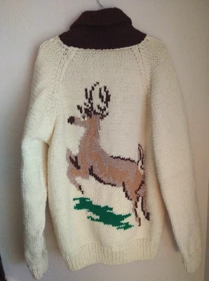 Suéter Cowichan Adulto XL CREMA CIERVO Caza Hecho a Mano Lana Cárdigan De Colección Años 60 Foto 1 de 4