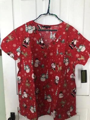 JUST LOVE CHRISTMAS PRINT SNOWMAN & REINDEER SIZE XL SCRUB TOP NEW WITH TAGS - Image 1 of 3