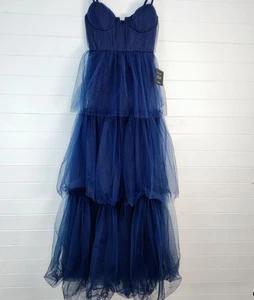 New Lulus Unforgettable Poise Navy Blue Tulle Bustier Tiered Gown Maxi Dress XS - Picture 1 of 17