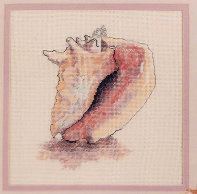 Cross Stitch Green Apple Pink Conch Shell Beach Sea Sand Ocean Tropical OOP - Image 1 of 2