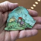 Hand-Painted Rock Slice of Rabbit & Dwarf, Signed 1995 Stone Art, Free Shipping