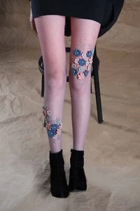 Gradient, Flower, and Bead Embellished Fishnet Stockings, Handmade Fishnet Socks - Picture 1 of 6