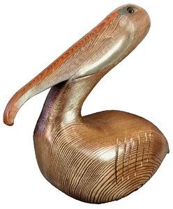 Vintage Hand Carved Solid Wood Pelican Sculpture w/glass eyes. Signed by artist. - Picture 1 of 6