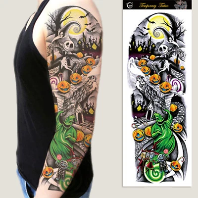 DELUSION TATTOOS Temporäres Tattoo Ärmel - Halloween Kürbis Geist Kostüm Herren Damen Kinder