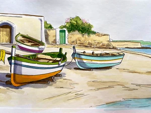 Aldo Riso ''The Fisherman's House''-hand-painted etching-35x100-authenticated - Picture 1 of 7