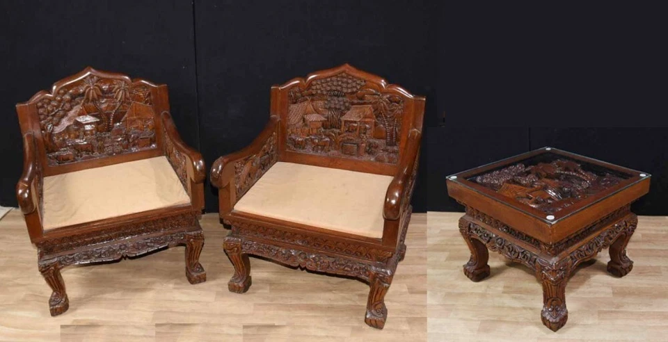 Hand Carved Chinese Hardwood Chairs and Coffee Table Set - Image 1 of 4