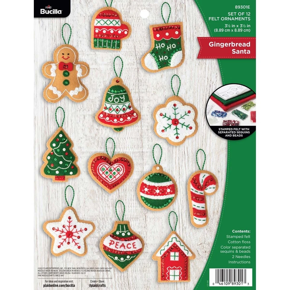 Bucilla Felt Ornaments Applique Kit Set of 12 Gingerbread Santa 89301E